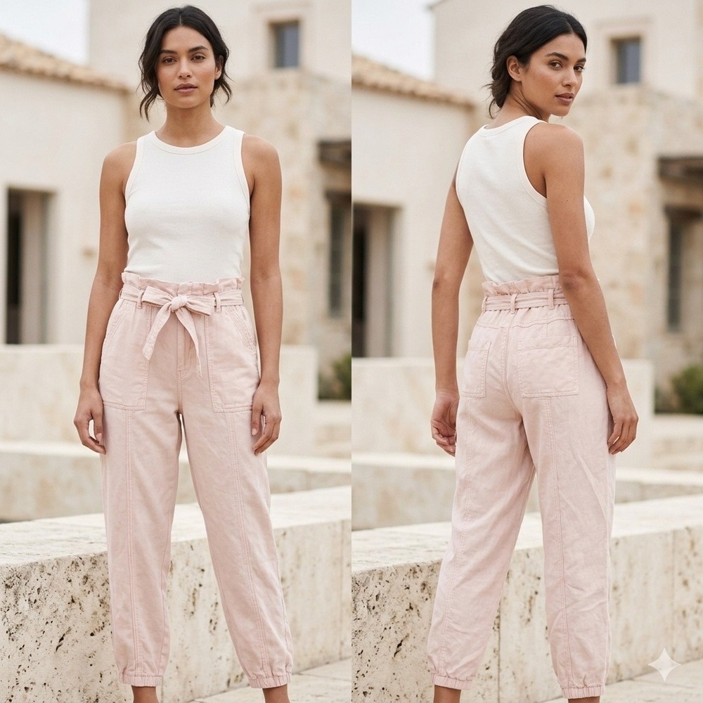 Anthropologie Linen Blend Paperbag Pants Blush Pink Tie Waist Joggers Size 6P